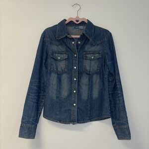 Just The Girls Denim Jean Shirt Top Women's Sz M Western Light Country Pearlsnap